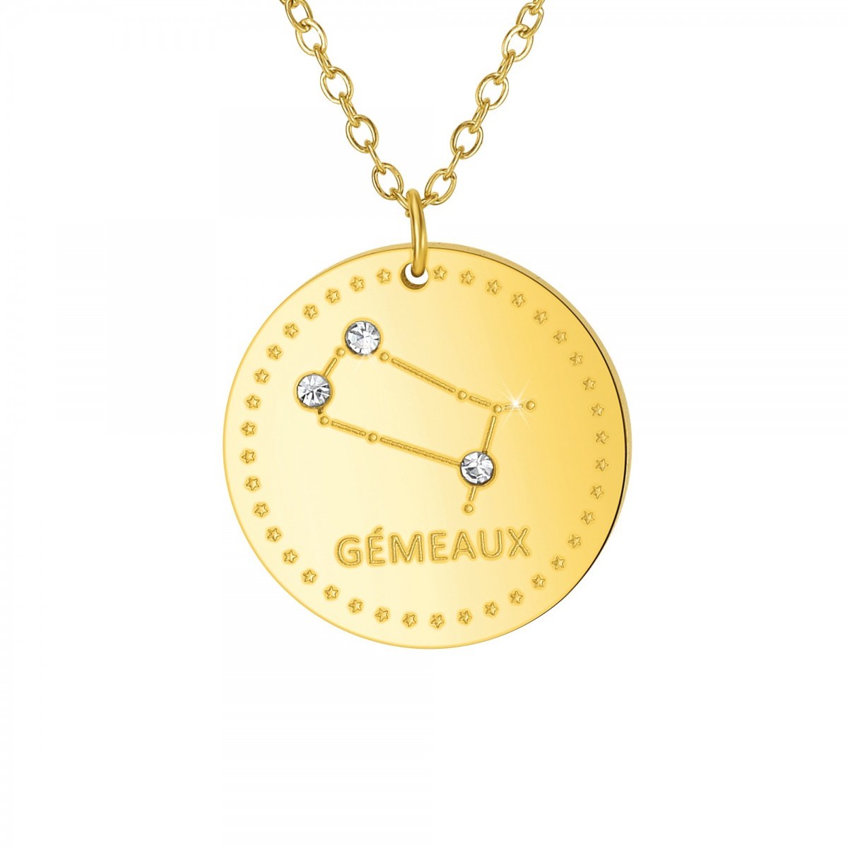 Collier astrologie  Gémeaux  SC Crystal orné de Cristaux scintillants en Acier Finement doré