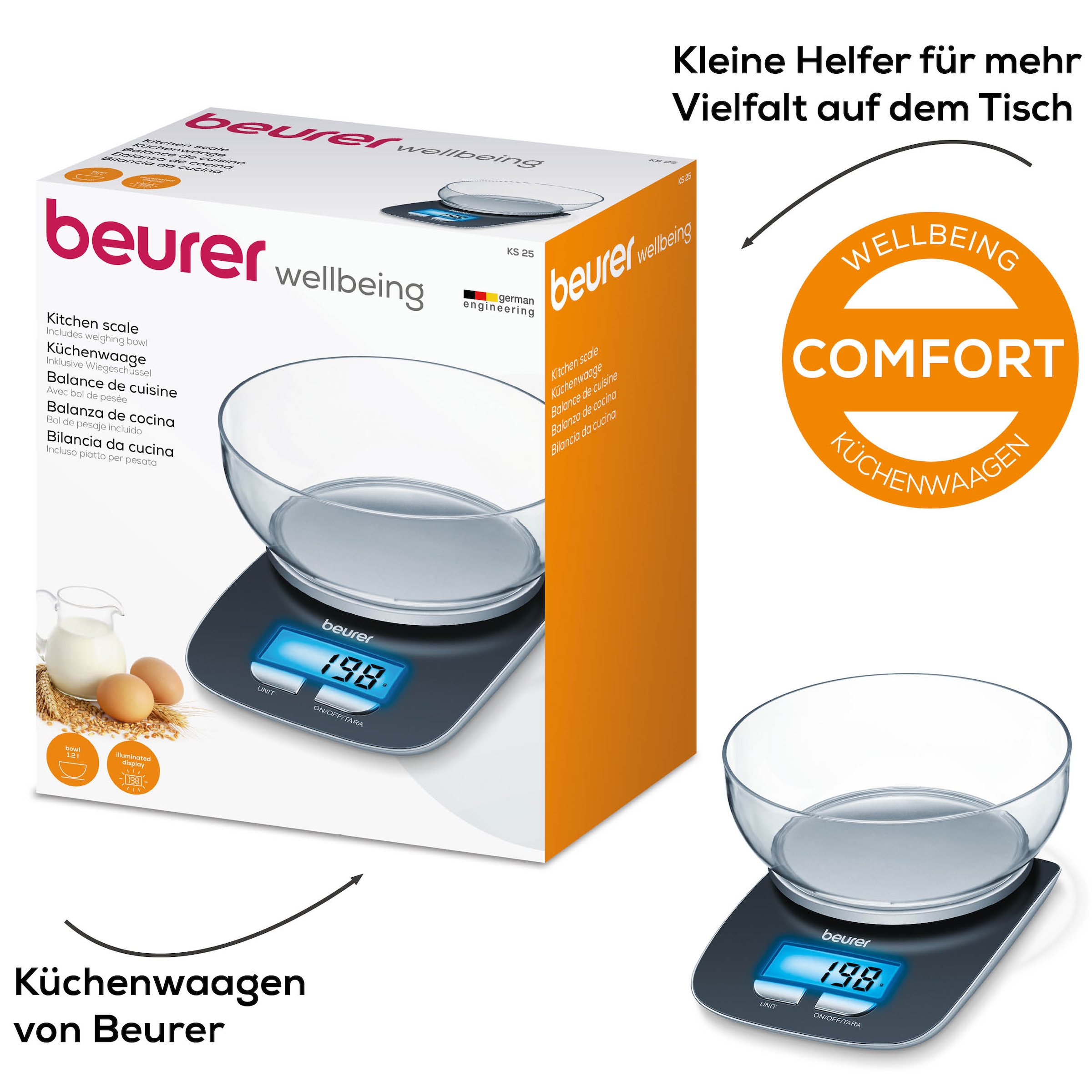 BEURER Küchenwaage »KS 25 Haushaltswaage, mit praktischer Schüssel, Tara-Zuwiegefunktion« Koch- und Backwaage mit 3 kg Tragkraft und Schüssel mit 1,2l
