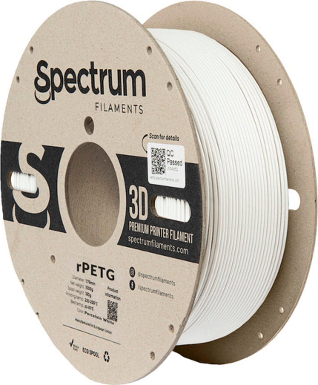 Spectrum  RPETG Porcelain White, 1,75 mm / 1000 g    Recyceltes PETG Material in Porcelain White