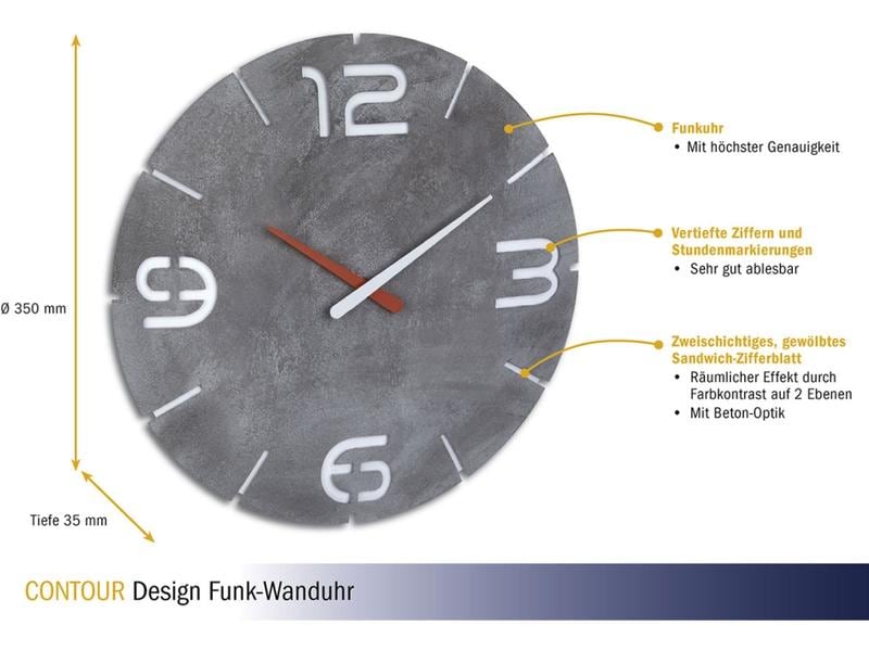 TFA Dostmann Funk-Wanduhr Contour Beton-Optik, Ø 35 cm Uhr mit Design von Mosru Mohiuddin