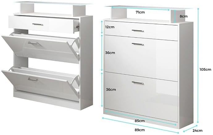 MB Muebles Bonitos | Flurmöbel mit Schuhschrank | Breite 89 x Höhe 105 x Tiefe 24 cm | Glasablage mit LED | Glänzendes Melamin | Farbe Sonoma und Weiß | Schuhregal für die tür | Modell Paola
