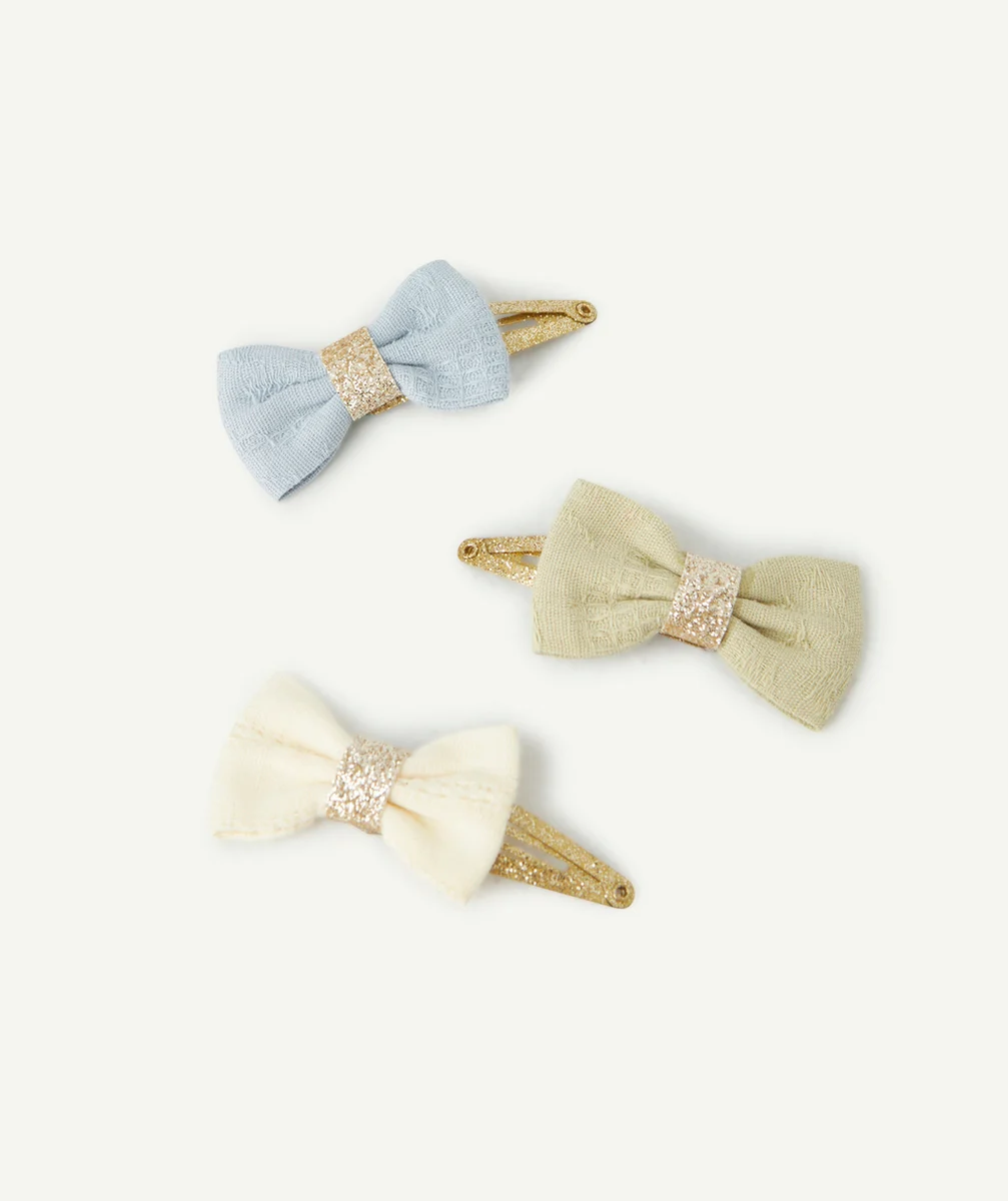 LOT DE 3 BARRETTES BÉBÉ FILLE AVEC NOEUDS BLEU BLANC ET VERT