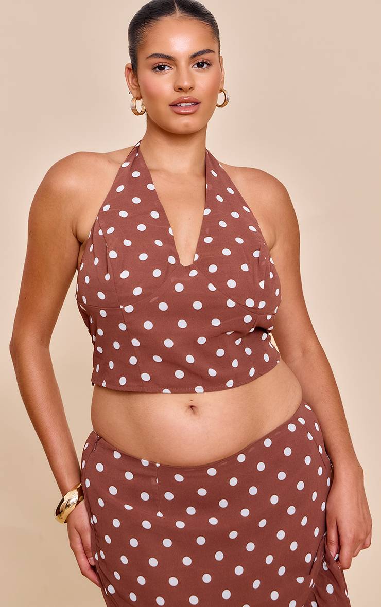 Chocolat Top En Mousseline À Pois Et Col Licou Grande Taille Coordonné