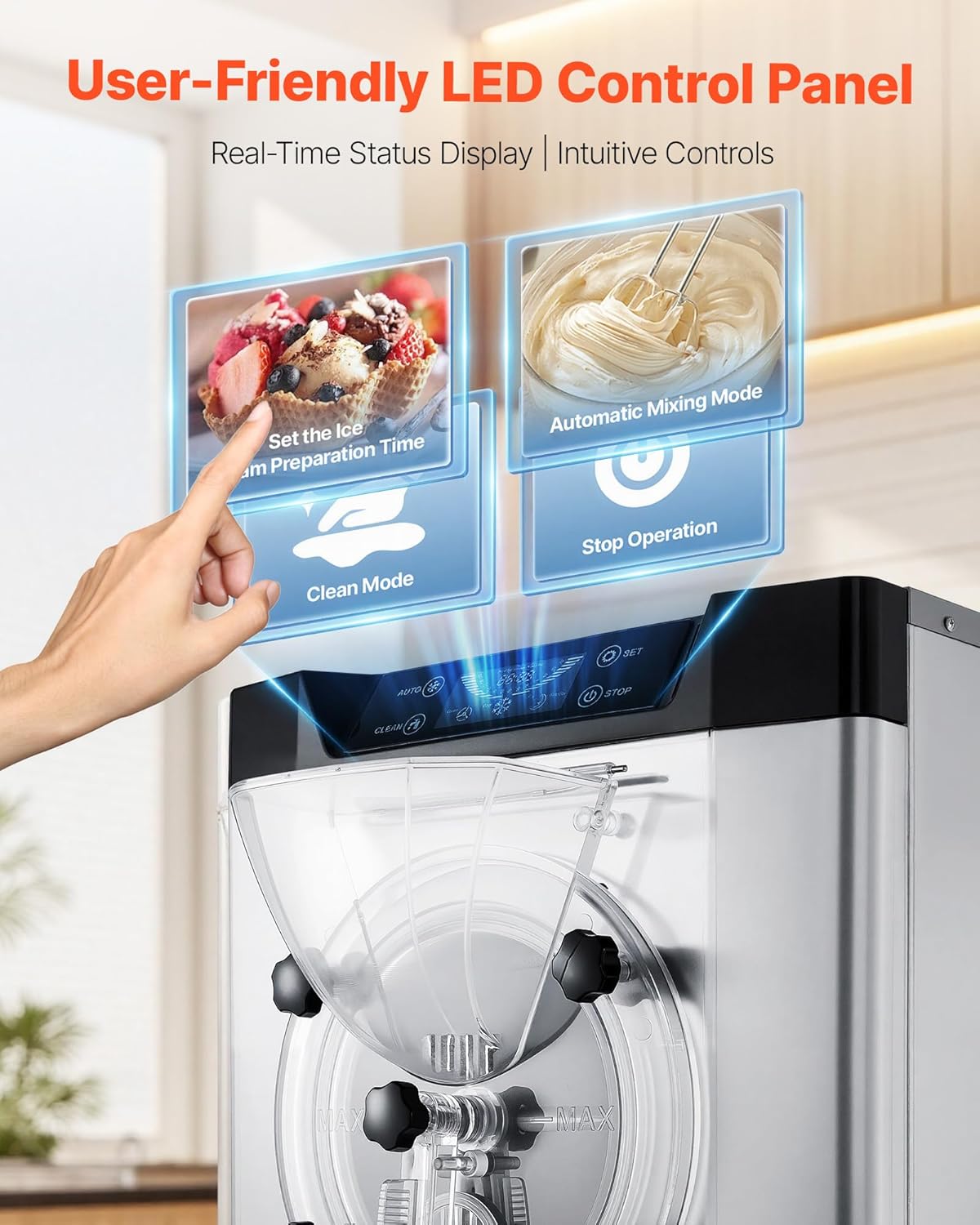 VEVOR Gewerbliche Eismaschine Eiscrememaschine 2000 W 12–20 L/h, Tischgerät für Gelato mit 6 L Edelstahlbehälter (304) & Selbstreinigendes LED-Bedienfeld für Snackbars Restaurants Silber