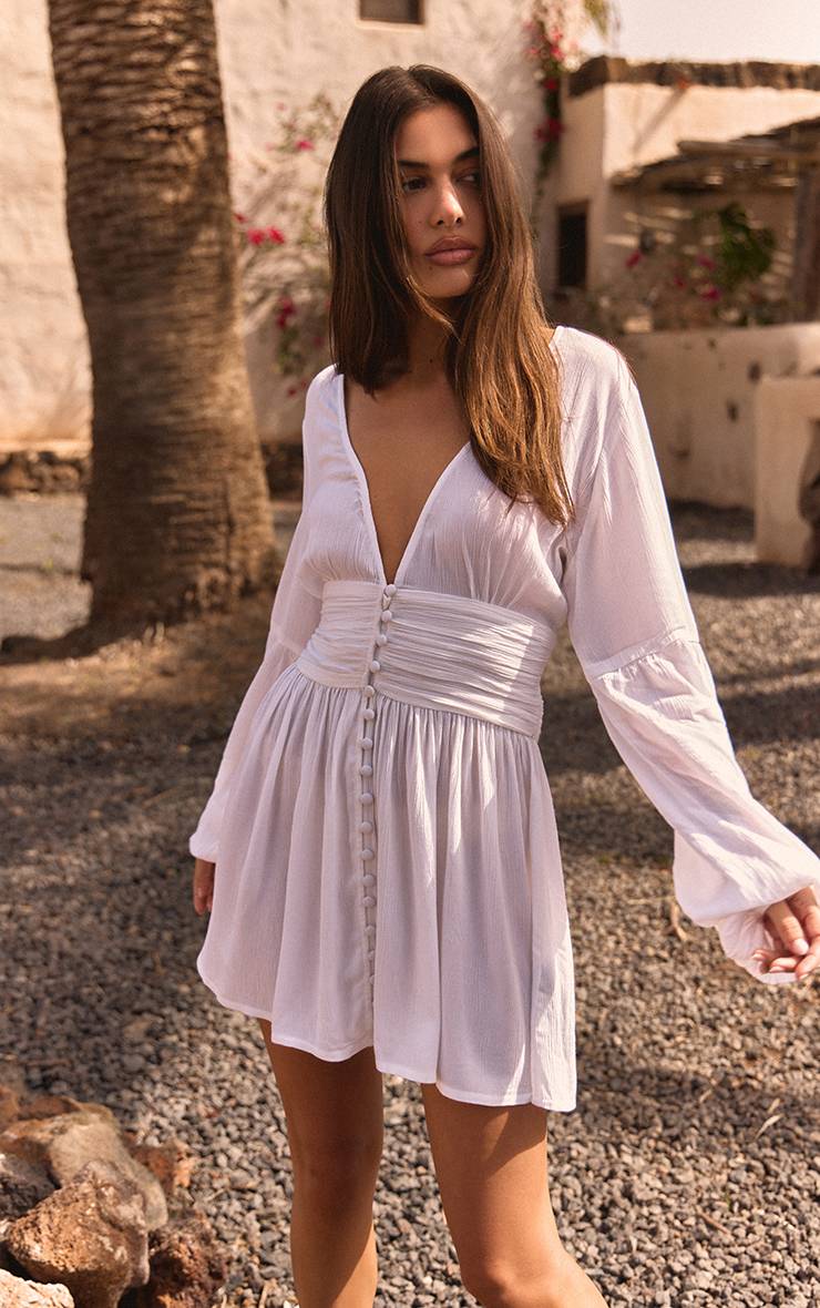 Blanc Robe Chemise Fluide En Satin Froissé Boutonnée