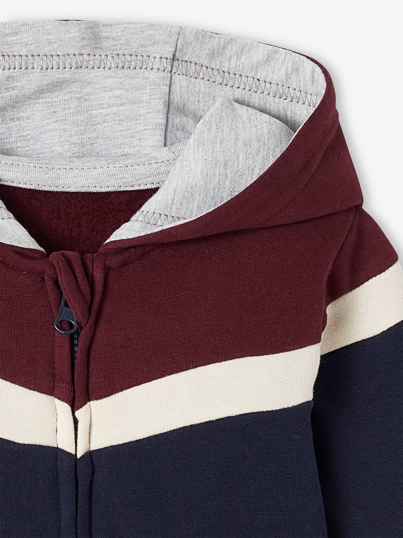 Jaqueta infantil masculina marrom-clara lisa com zíper, capuz e detalhes decorativos.