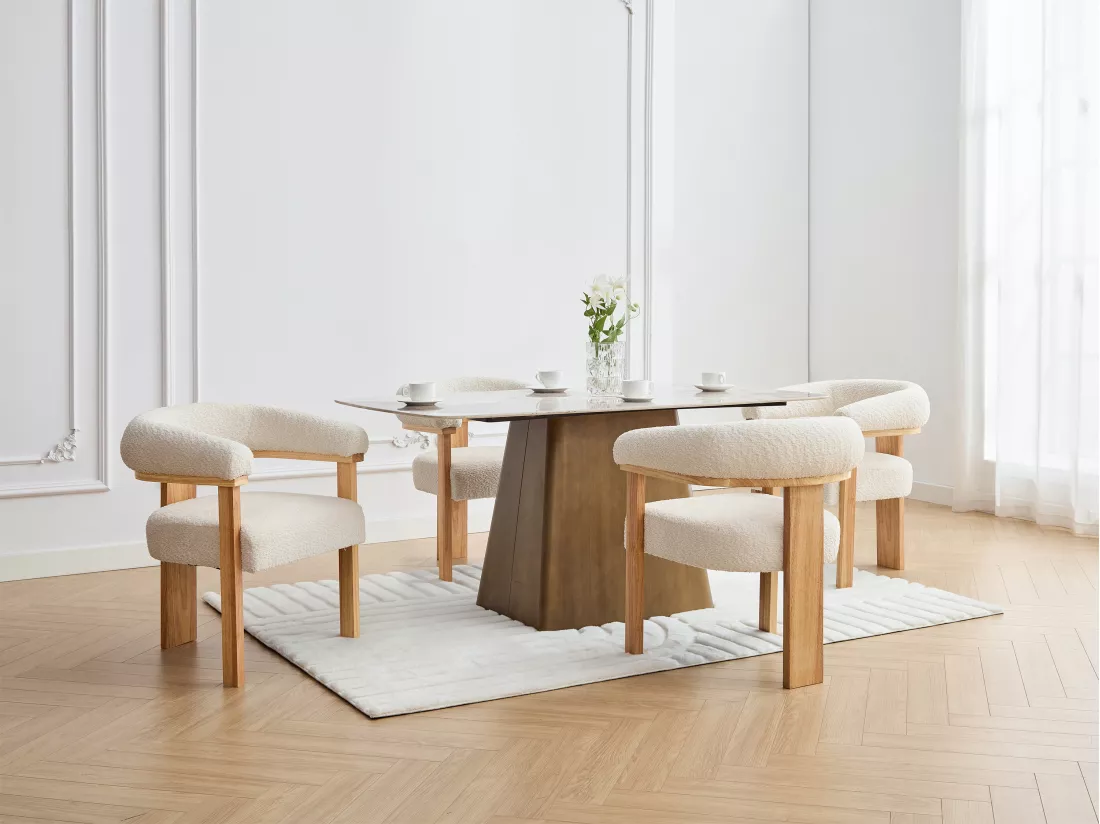Lot de 2 chaises avec accoudoirs en tissu bouclette et bois d'hévéa naturel - Blanc - LIVELIA de Pascal MORABITO