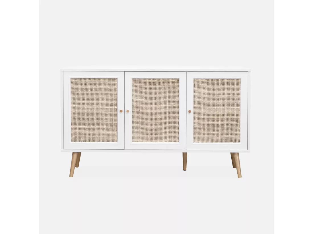Buffet de rangement en cannage. blanc 120x39x70cm - Bohème - 2 niveaux. 3 portes. pieds scandinaves. buffet bas