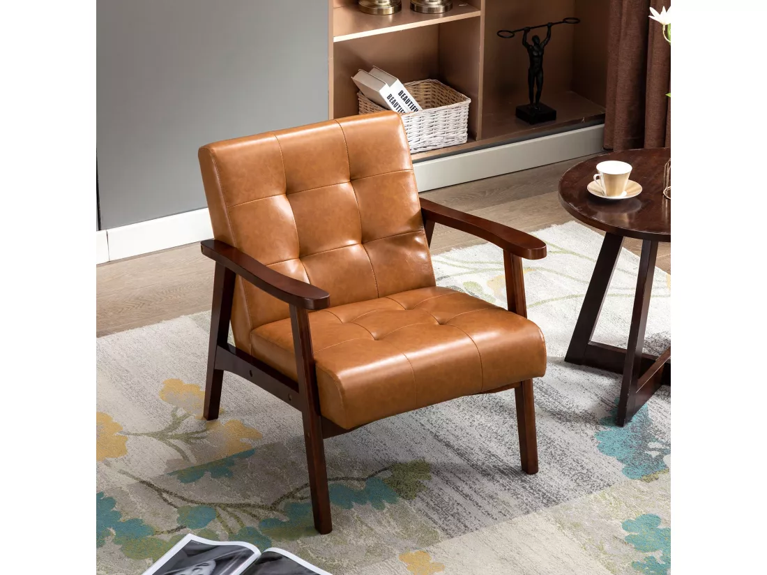 Fauteuil en bois au design scandinave et cuir Caramel-L 67 x L 76 x H 76 cm