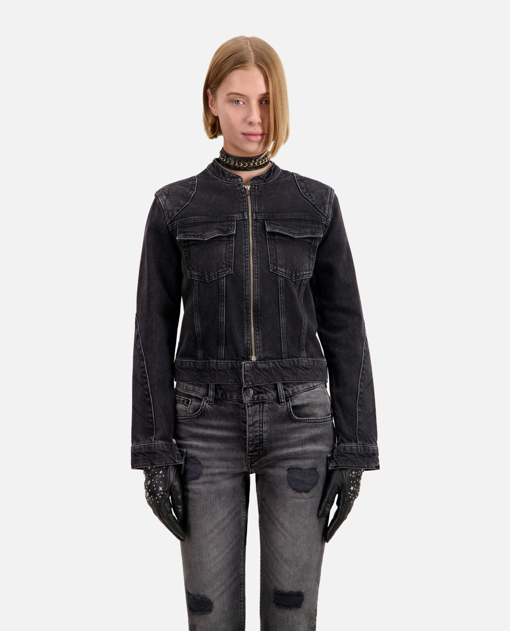 Black denim biker jacket
