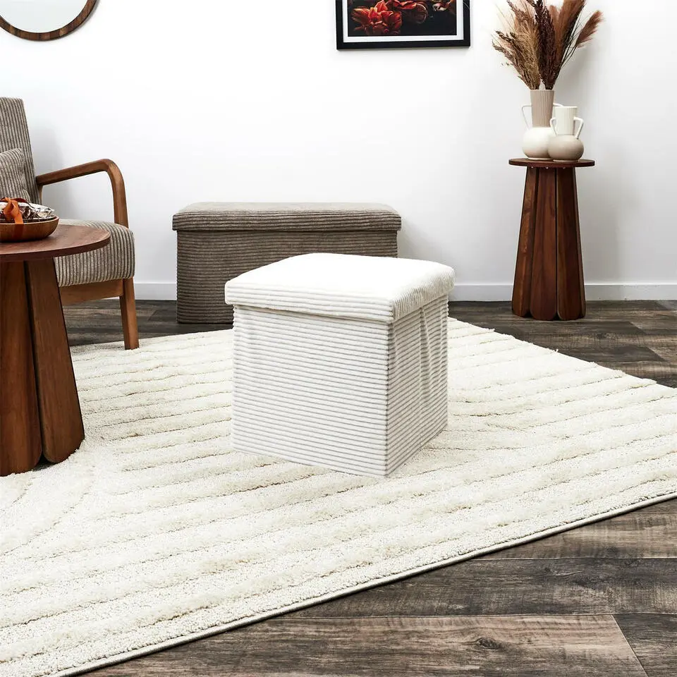 Home Deco Factory Poefje - opbergbox - rib - wit - 38 x 38cm
