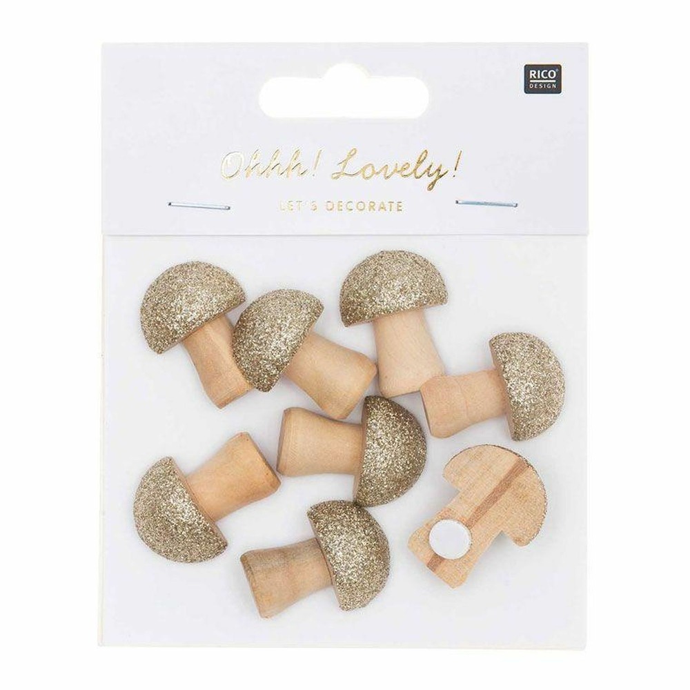 24 autocollants en bois champignons pailletés 3 x 2,3 cm