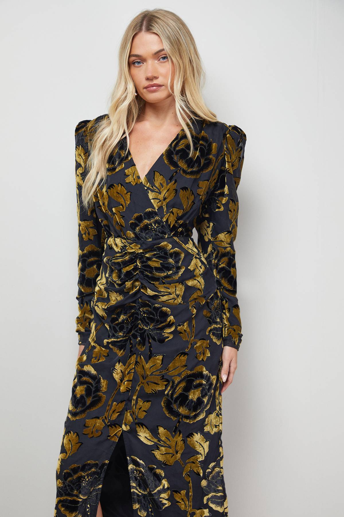 Oasis Robe Midi à Manches Longues avec Épaulettes Florales
