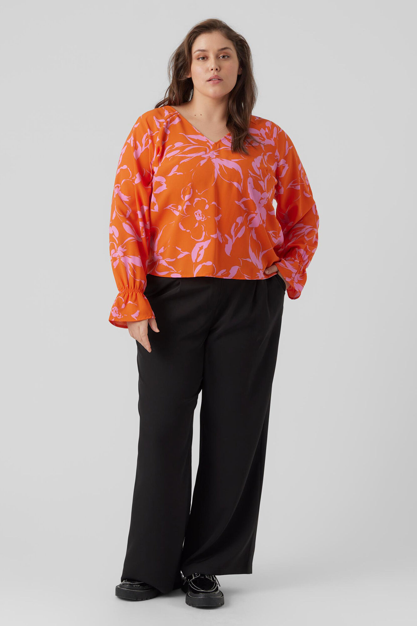 Blusa de manga comprida plus size - Laranja