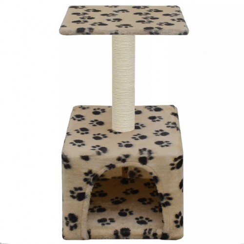 Arranhador bege para gatos com pegadas de patas.