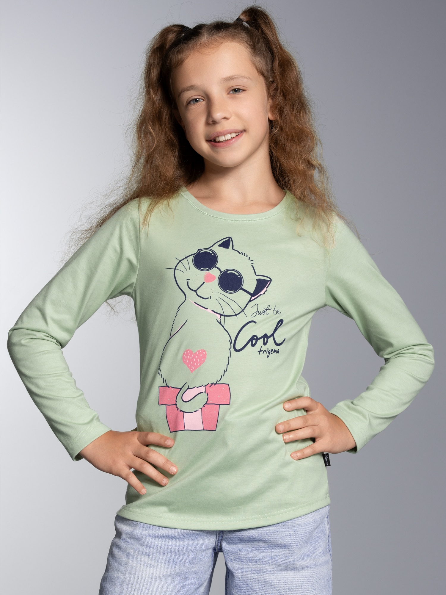 Langarmshirt mit Katzen-Motiv Green tea
