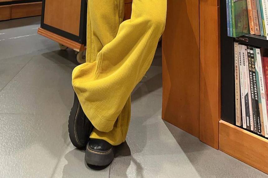 Soswift - Mock Two-Piece Crew Neck Two Tone Button-Up Crop Cardigan / High Waist Plain Corduroy Wide Leg Pants