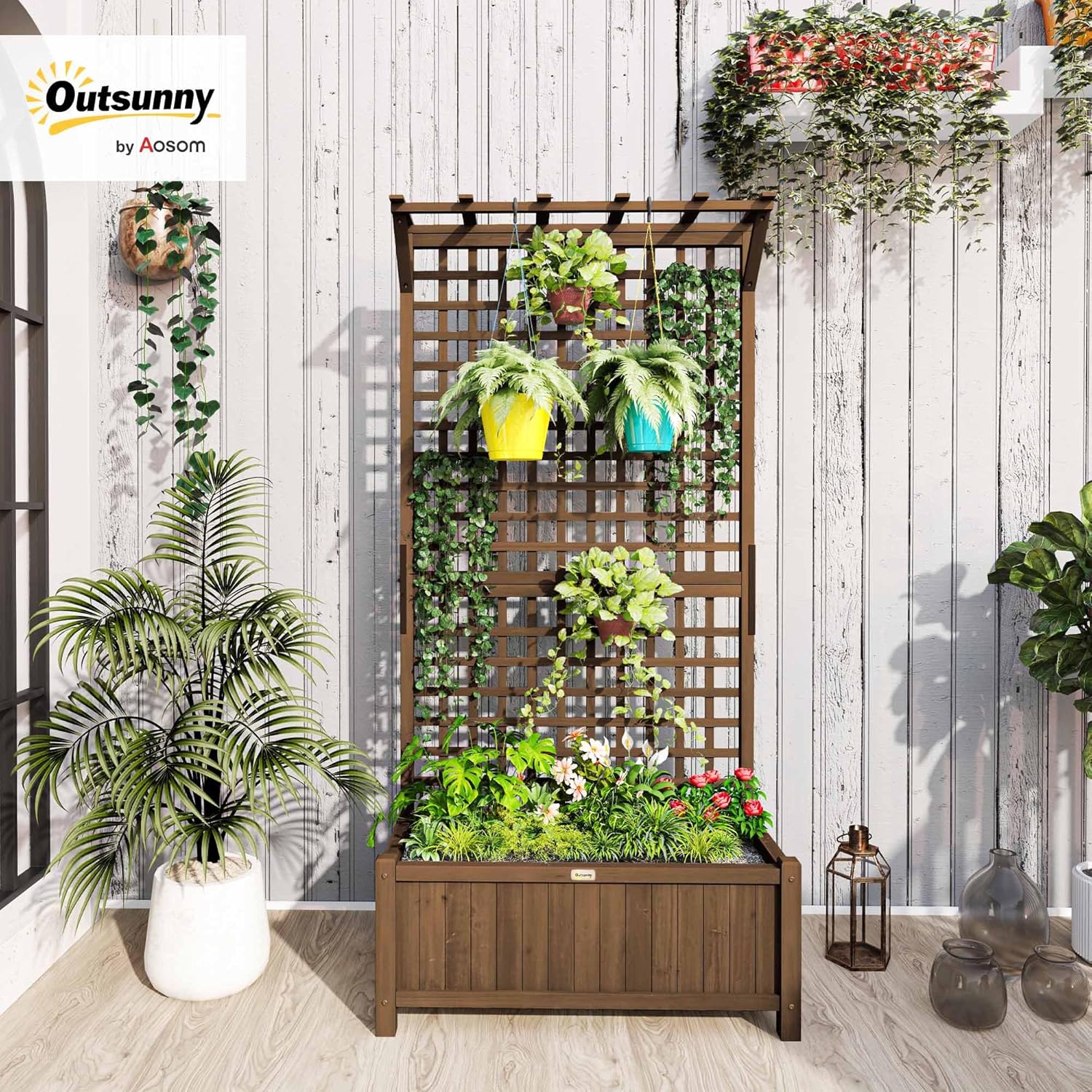 Outsunny Hochbeet Pflanzkasten mit Rankgitter, Spalier Pflanzkübel Blumenkasten Holz, Gartenspalier 90 x 45 x 183cm für Garten Balkon Terrasse, Blumenkübel für Kletterpflanzen Korbpflanzen, Blumen