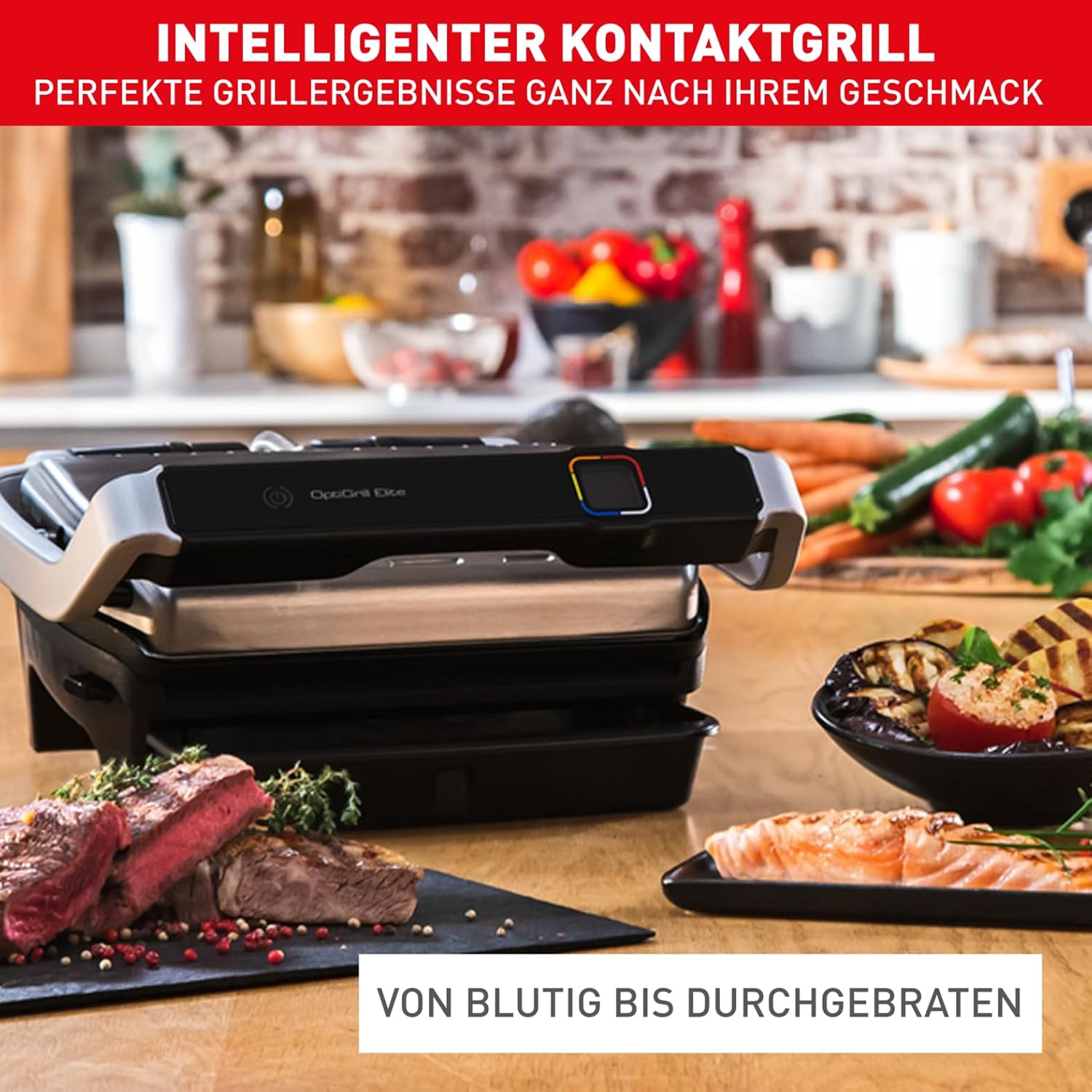Tefal OptiGrill Elite Kontaktgrill, 12 automatische elektrische Grillprogramme, Digitales Display mit Garstufenanzeige, abnehmbare Platten, Elektrogrill, Edelstahl, GC750D16