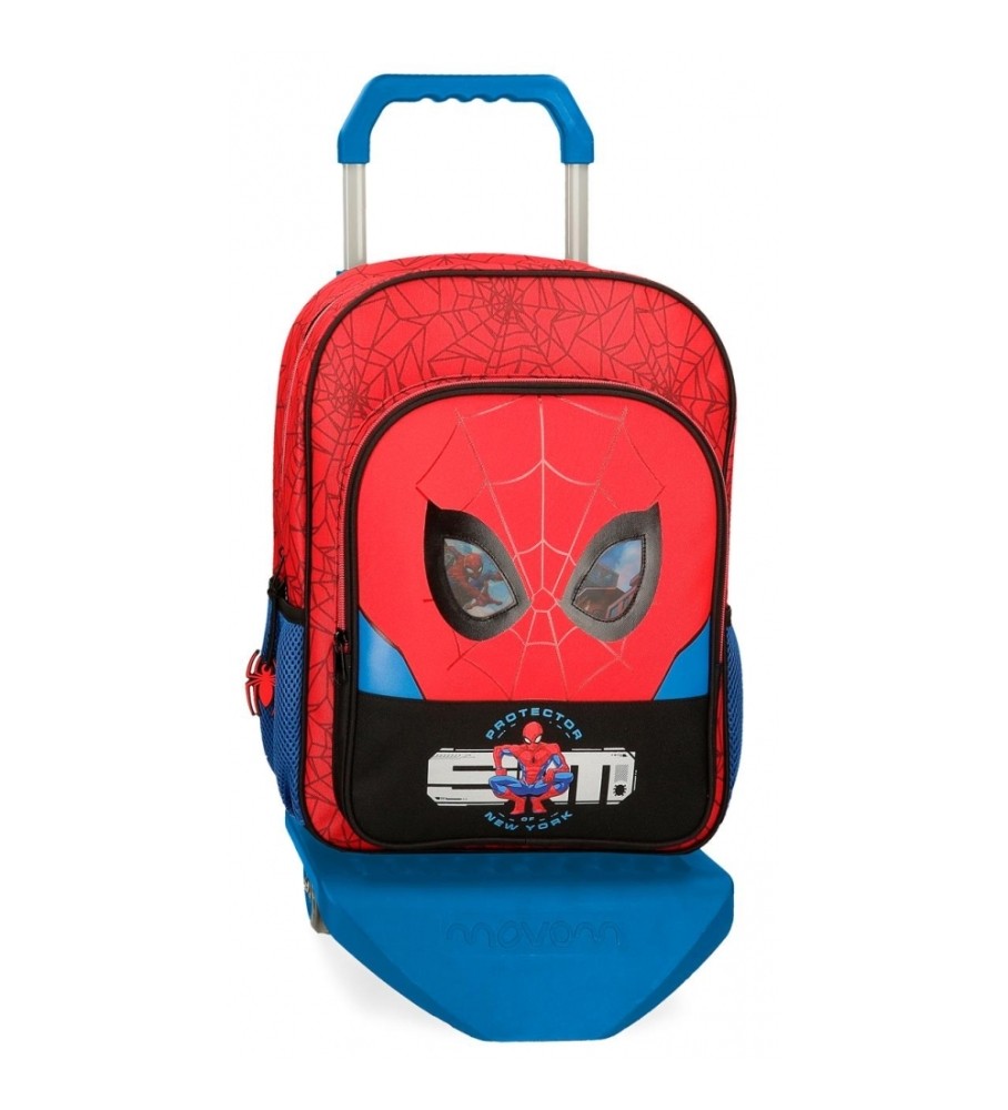 Mochila Escolar Protetora do Homem-Aranha da Disney com Rodinhas Vermelhas - 30x38x12 -