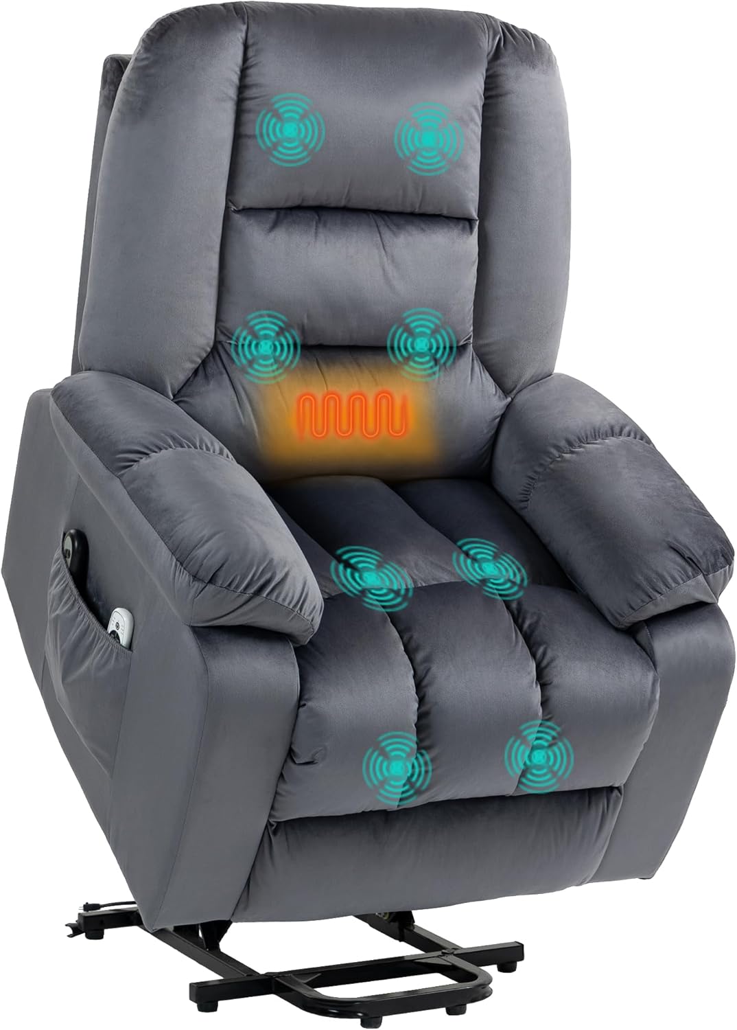 HOMCOM Fernsehsessel mit Aufstehhilfe Elektrisch Relaxsessel mit Wärmefunktion, Massagefunktion, Liegefunktion Massagesessel mit Fernbedienung, Fußteil, Seitentasche TV Sessel für Wohnzimmer Grau