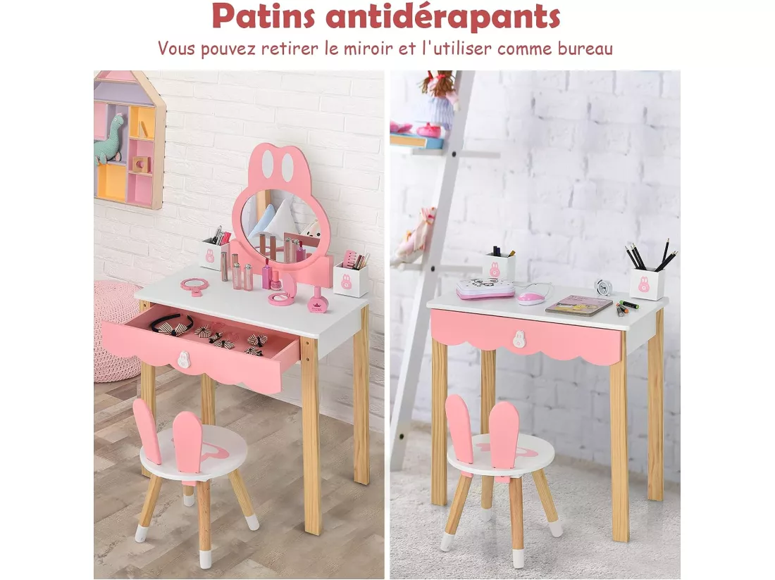 Coiffeuse avec Tabouret pour Enfants - Miroir Amouvible - 1 Tiroirs - 2 Boîtes de Rangement - Décor Rose + Blanc