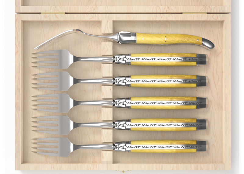 Service de 6 fourchettes Laguiole avec un manche en buis et mitres en acier inoxydable