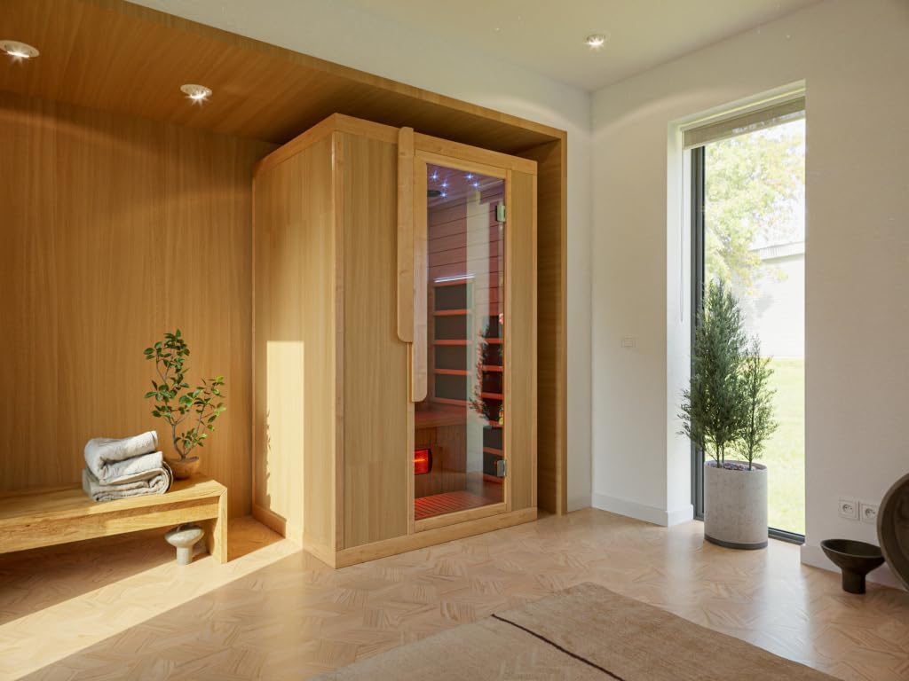 Infrarotkabine 2 Personen | Hemlockholz natur | 125x105x200cm | Ganzglastür Klarglas | Redlight & Mica-Heizung 2,05kW | Fronteinstieg | Wärmekabine für Zuhause | MP3 & Becherhalter