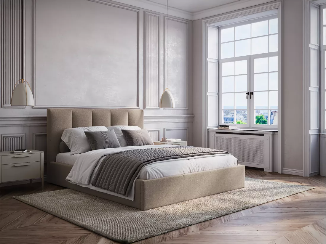 Lit coffre 180 x 200 cm avec tête de lit coutures verticales - Tissu - Taupe - KILACLO