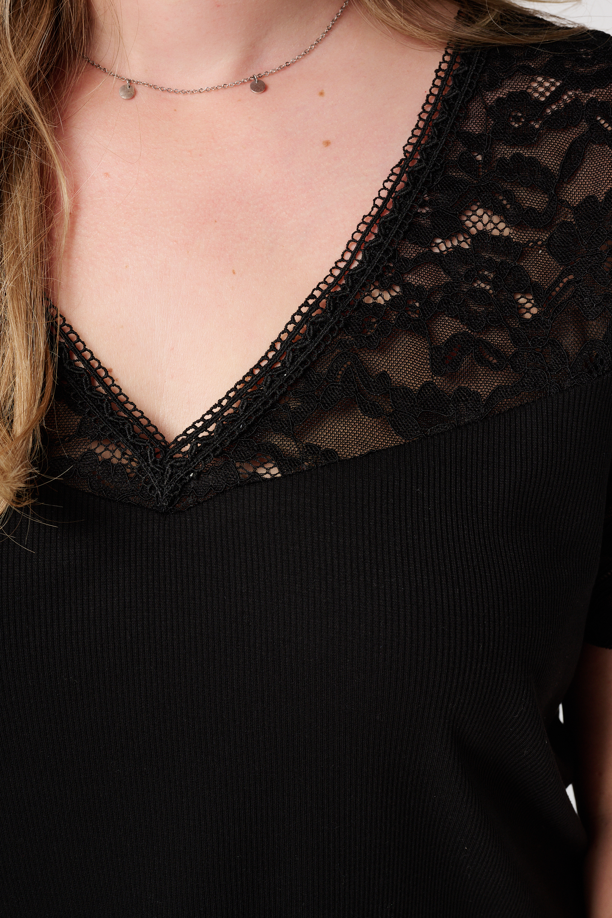 Rib t-shirt met kant Zwart