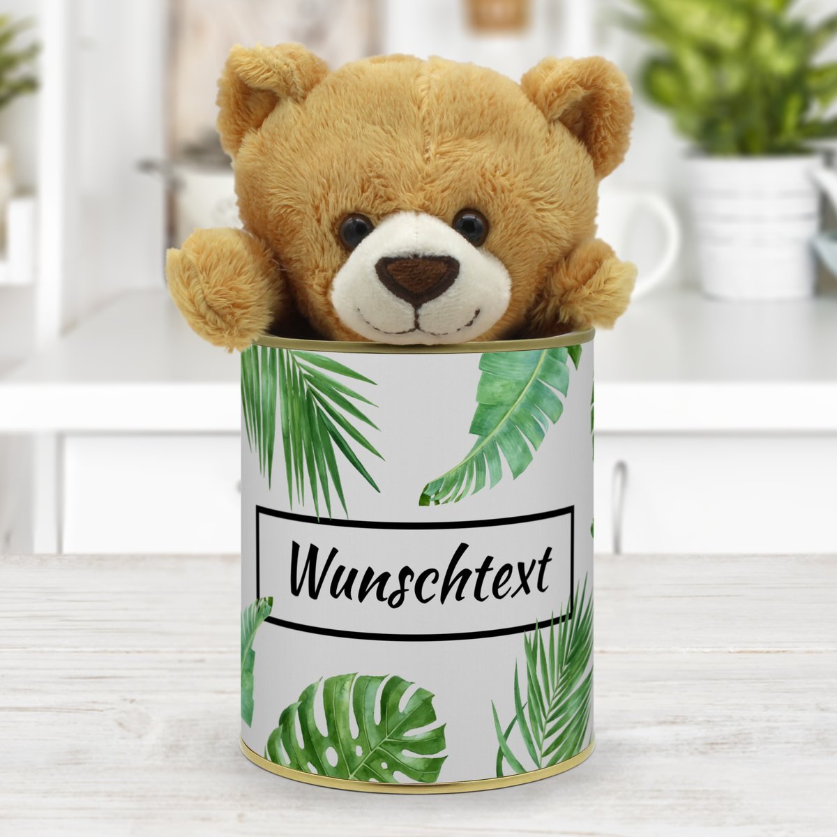 Personalisierte Geschenkdose - Teddybär (Motiv: Palmenblätter)