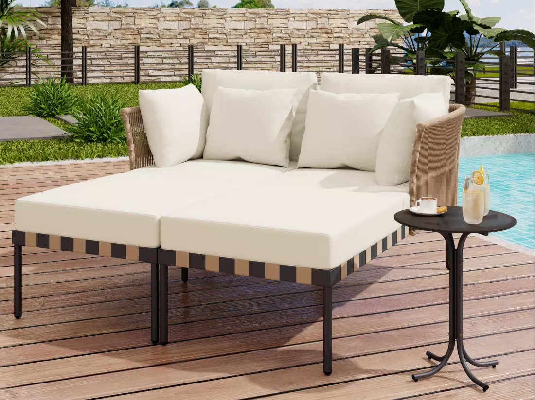 Bain de soleil - Canapé de jardin - Chaise longue de jardin amovible et modulable - fer galvanisé et rotin - 2 positions - beige