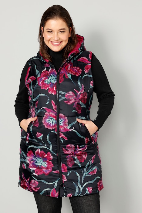 Long-Steppweste, Kapuze, Alloverdruck, Zipper