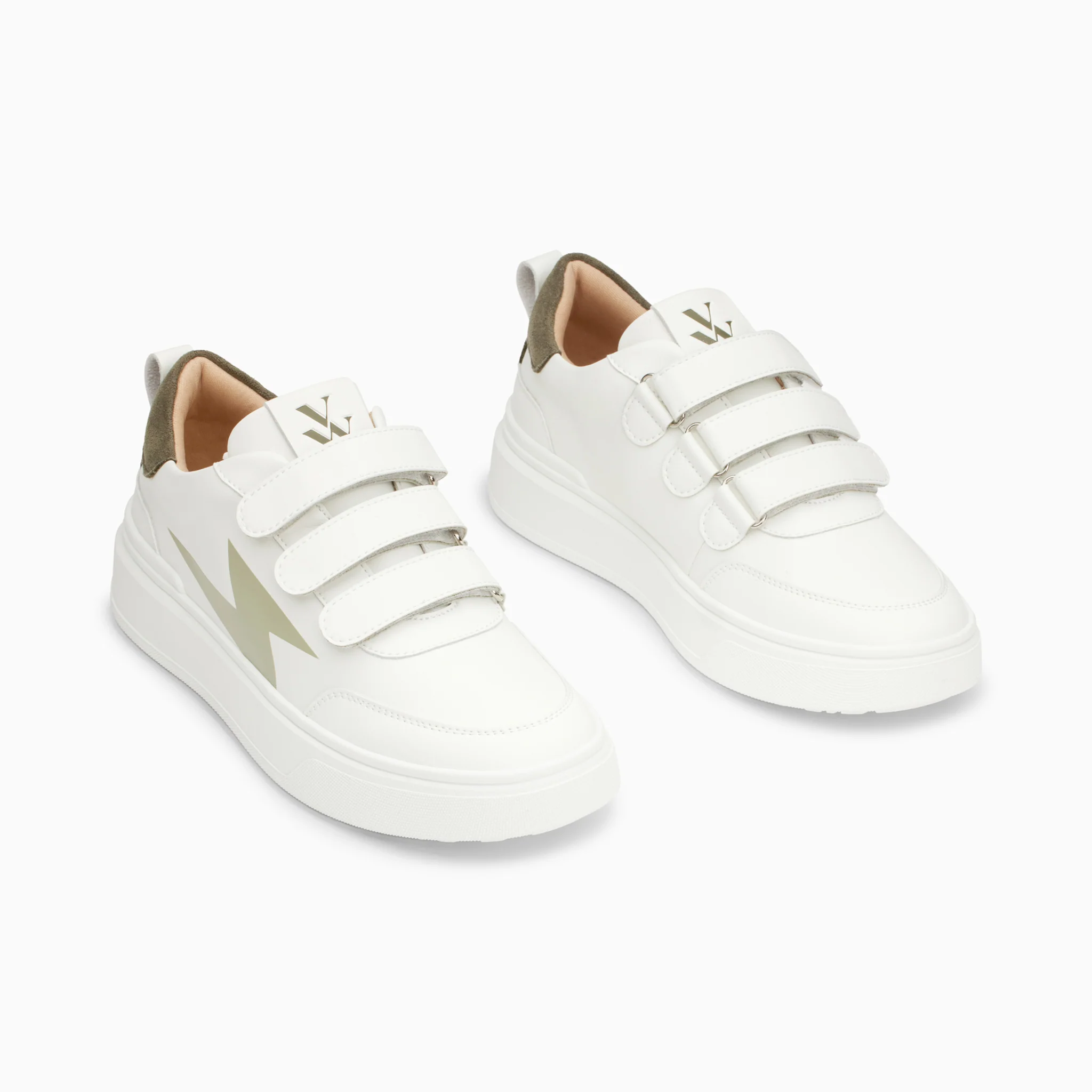 Sneakers-Baskets éclair Lison blanc et kaki à scratchs