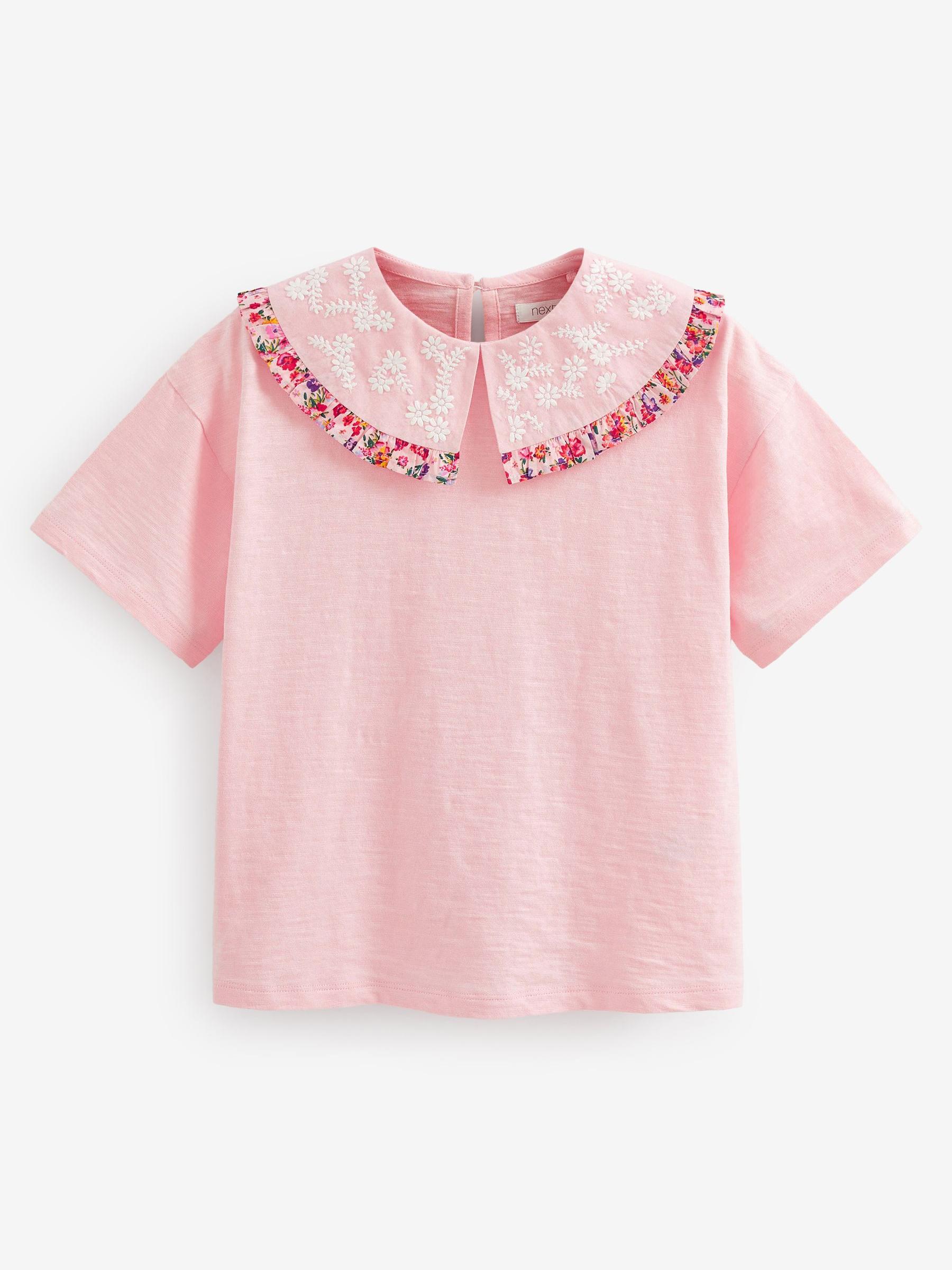 Roze - T-shirt met geborduurde kraag en bloemen (3-16 jr)