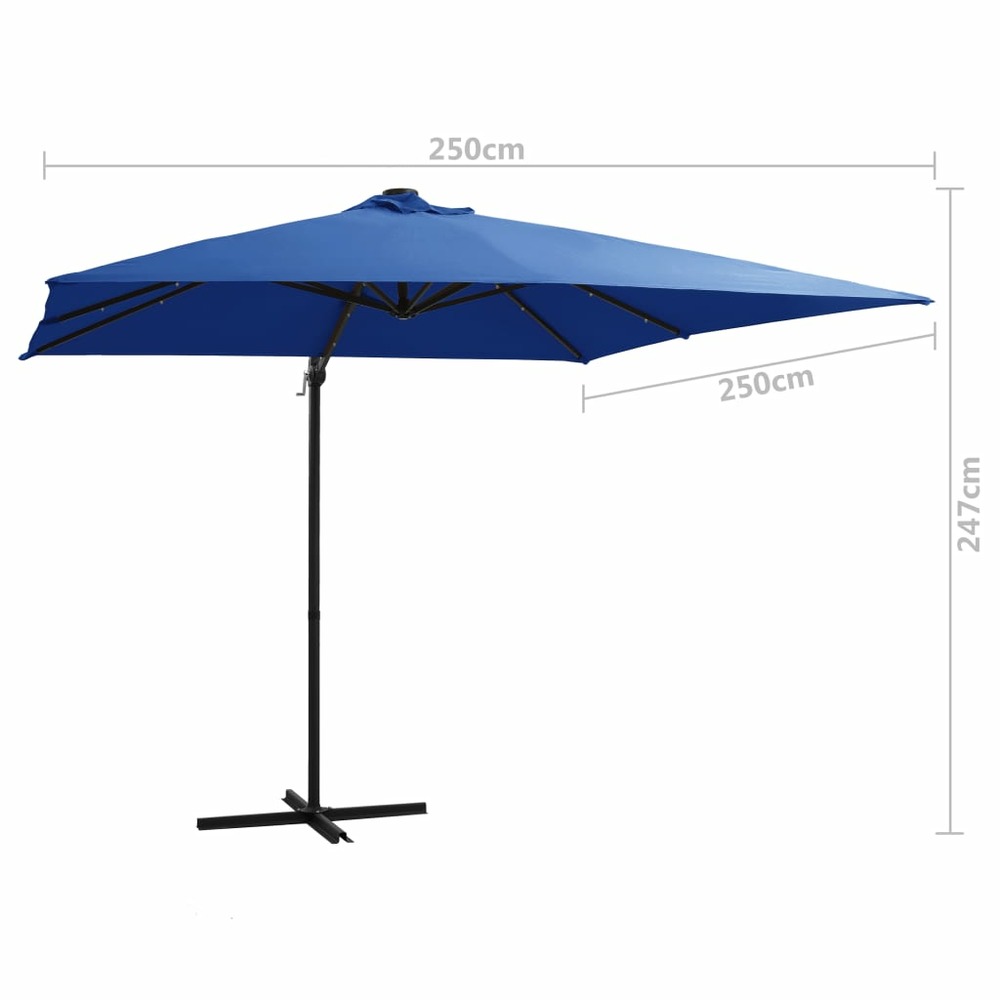 Parasol mobilier de jardin déporté avec led et mât en acier 250 x 250 cm bleu azuré