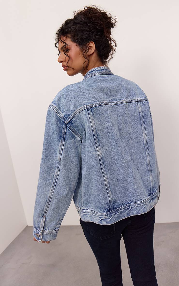 Mid Blue Wash Veste En Jean Boutonnée Asymétrique