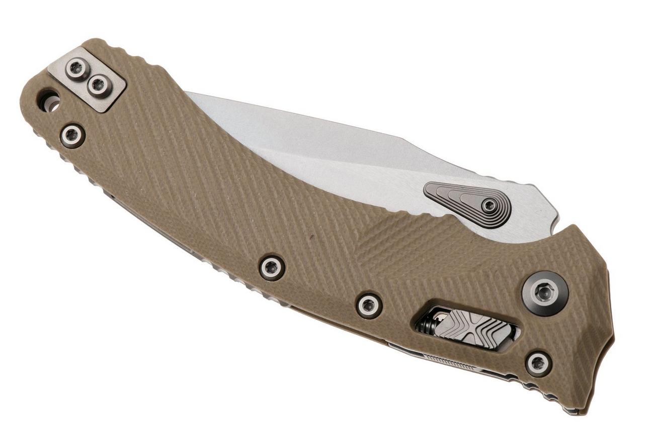 Microtech Amphibian 137RL-11FLGTTA, Stonewashed M390MK, Fluted Tan G10, partial serrated zakmes