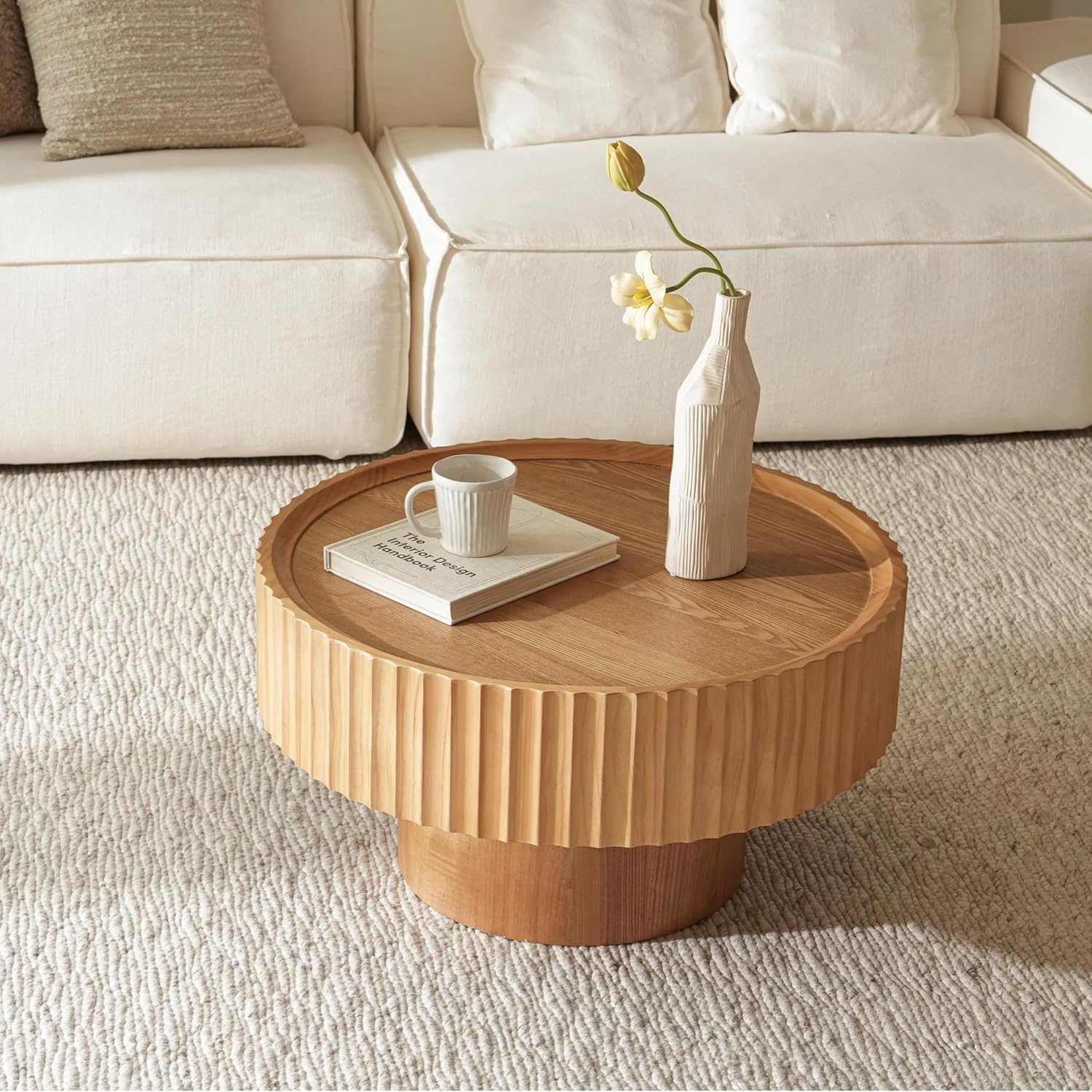 Couchtisch Rund, Wohnzimmertisch mit Geriffeltem Design, Couchtisch in Pilzform mit Den Maßenφ70×38 cm, Coffee Table aus Kiefernholz für Wohnzimmer, Zimmer und Balkon(Natural Wood)