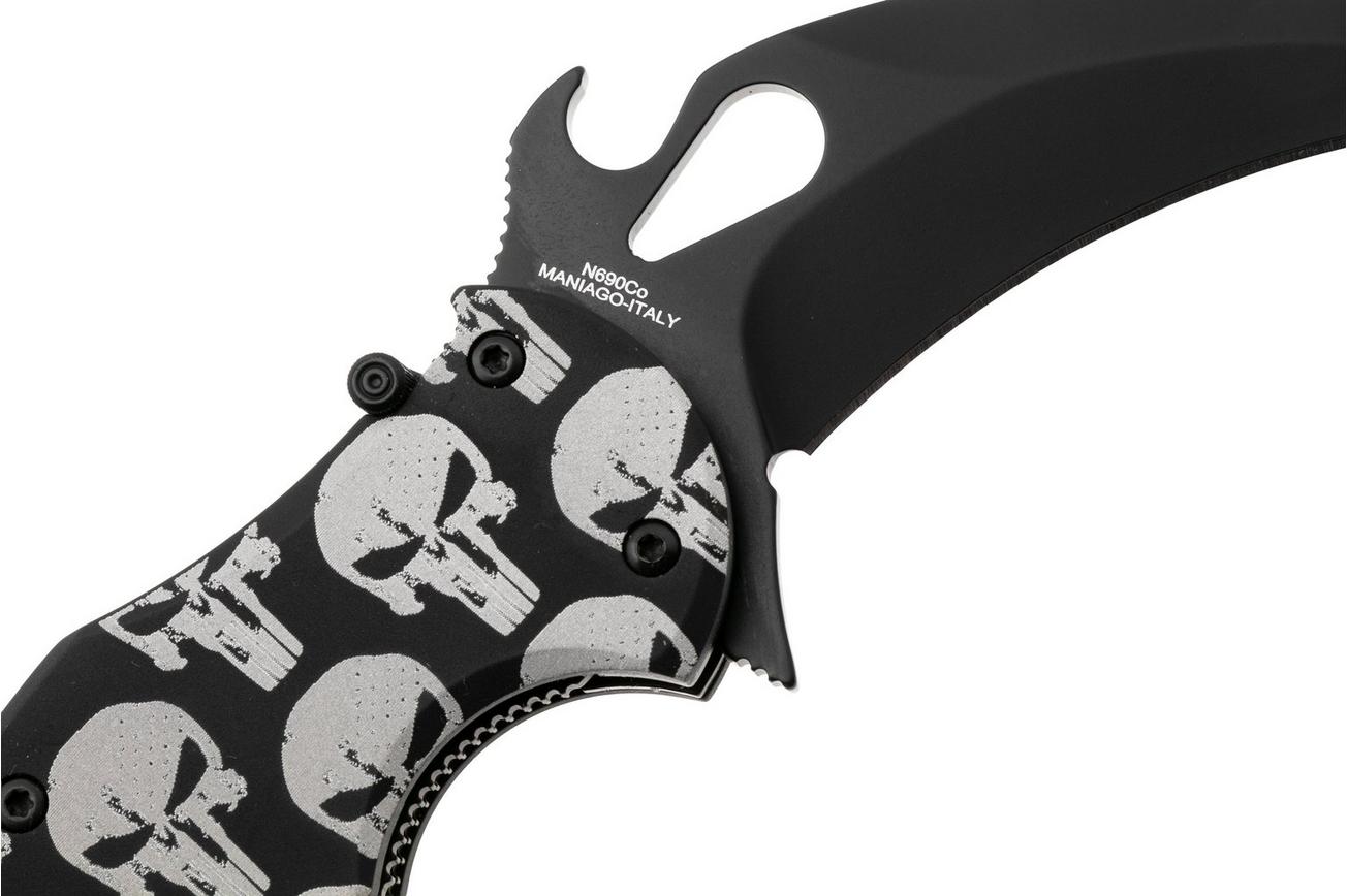 Fox FX-599 ALB-5 Skull Pattern, Black Idroglider Böhler N690Co, Engraved Aluminum, karambitmes