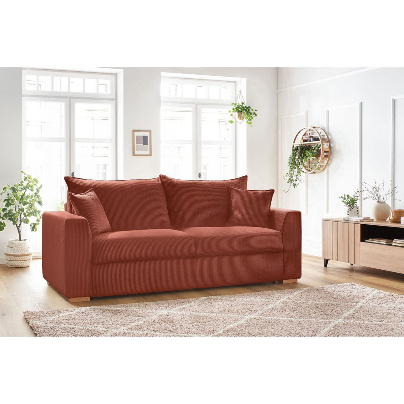 Bobochic Canapé droit convertible express en Velours côtelé 3 places Augustin orange - 205x96x97 cm