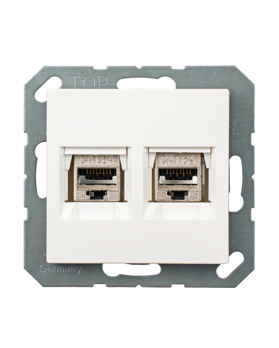Keystone RJ45 Cat. 6A module incl. Jung Keystone 2-voudige afdekking A1569-2WEWW & 1-voudige afdekplaat AS581WW alpinewit, netwerkaansluiting