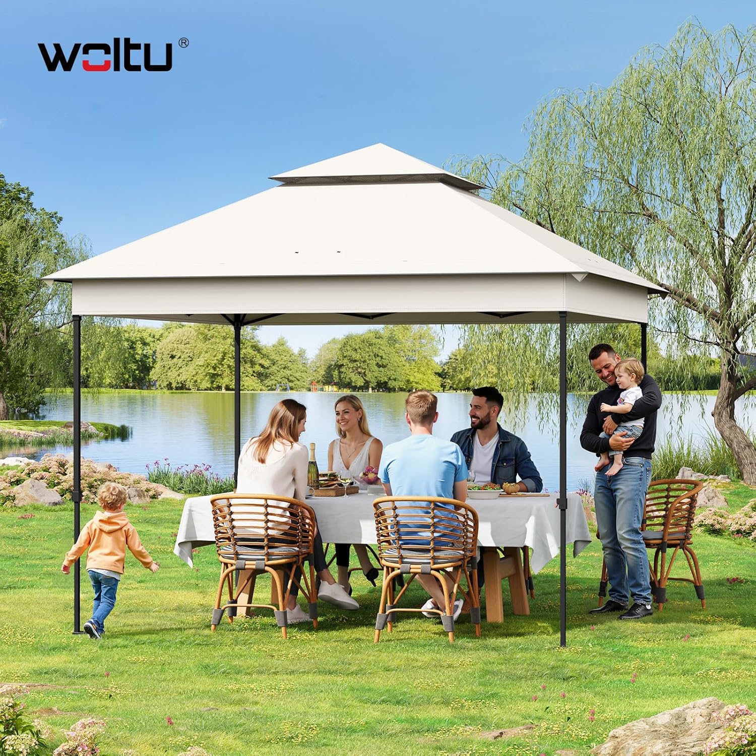 WOLTU Pavillon 3x3 m, Faltpavillon mit Moskitonetz, Partyzelt wasserdicht stabil, höhenverstellbares Partyzelt UV-Schutz, Gartenpavillon mit 4 Seitenteilen, Festzelt mit Tragtasche, Beige
