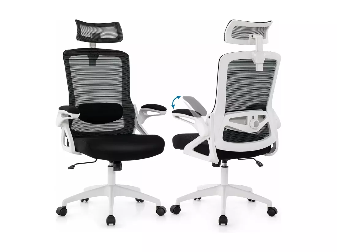 Chaise de Bureau Ergonomique, Chaise Pivotante avec Soutien Lombaire Ajustable & Dossier Basculant en Maille, Chaise d’Ordinateur avec Appuie-tête Ajustable et Accoudoirs Rabattables (Blanc)