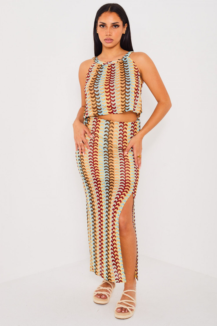 Ensemble 2 pièces top + jupe multicolore ajourée