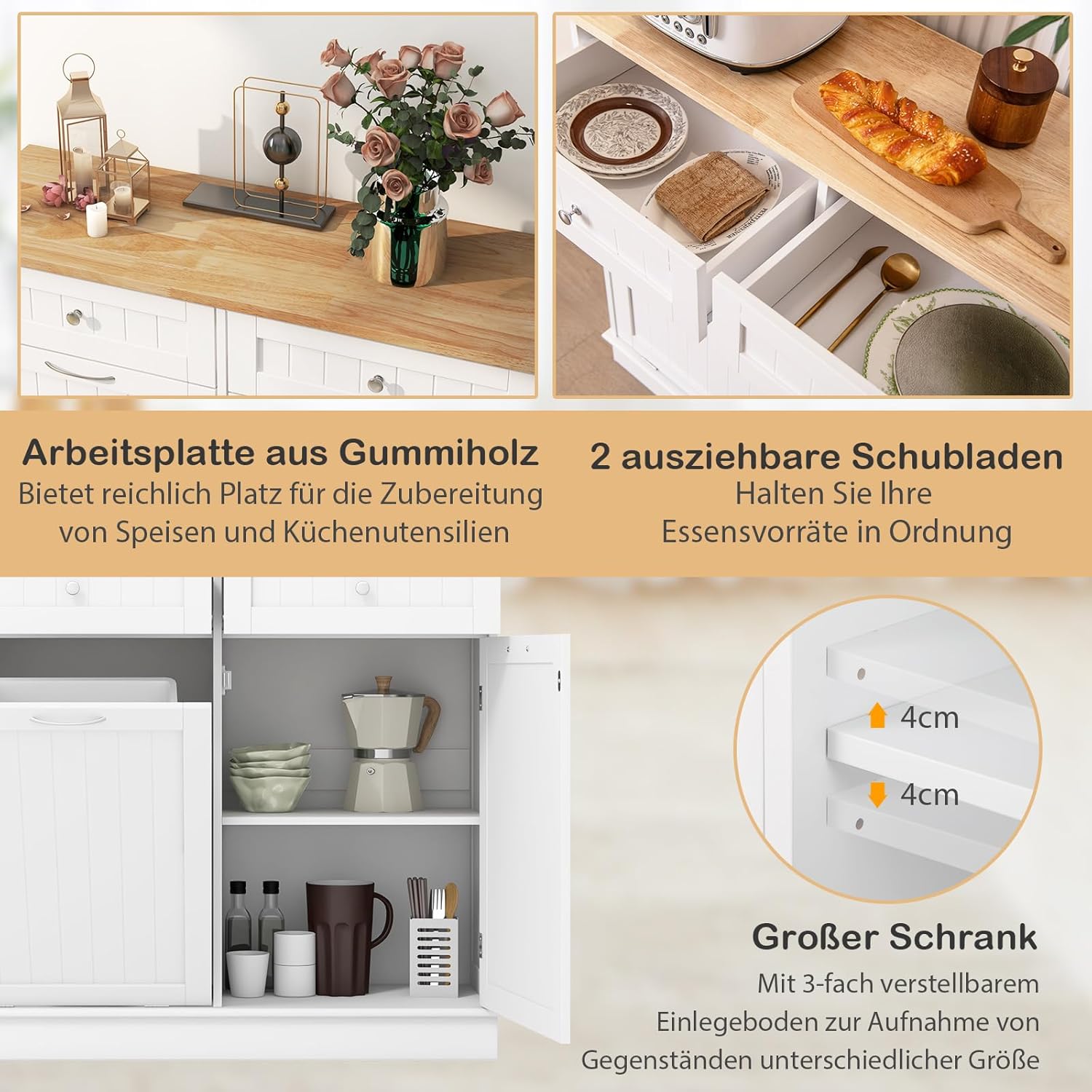 COSTWAY Kommode für Mülleimer 42L, Küchenschrank mit großer Arbeitplatte & 2 Schubladen & verstellbarem Regal, Mülleimerschrank mit Mülleimerhalter, Schrank für Küche ohne Mülleimer (Weiß)