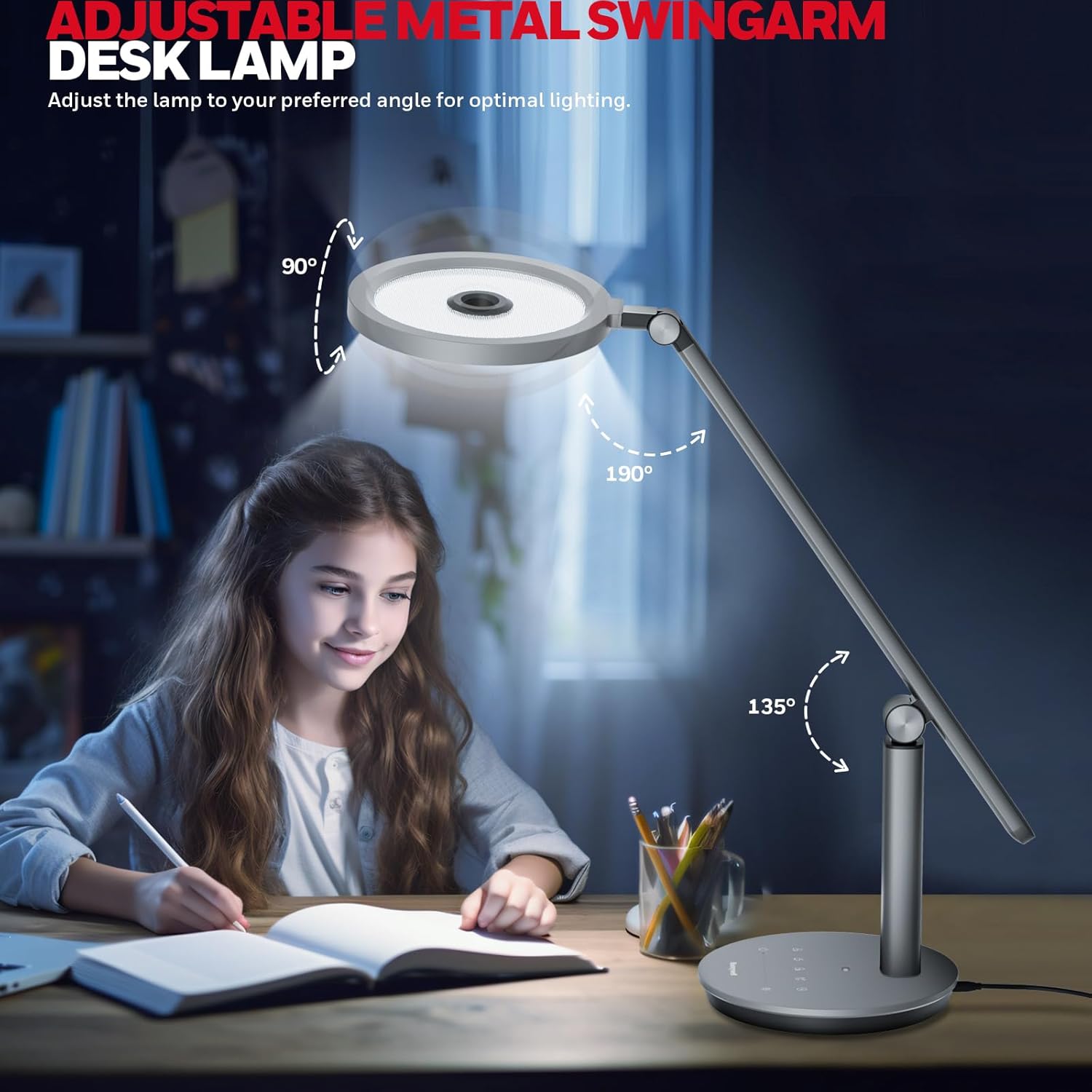 Honeywell Schreibtischlampe,H6 Sunturalux Eye-Care LED Tischlampe Dimmbar, 800LM Tischleuchte Mit Timer, Tischlampe Led mit Touch-Steuerung für Arbeitszimmer, Schlafzimmer(Grau)