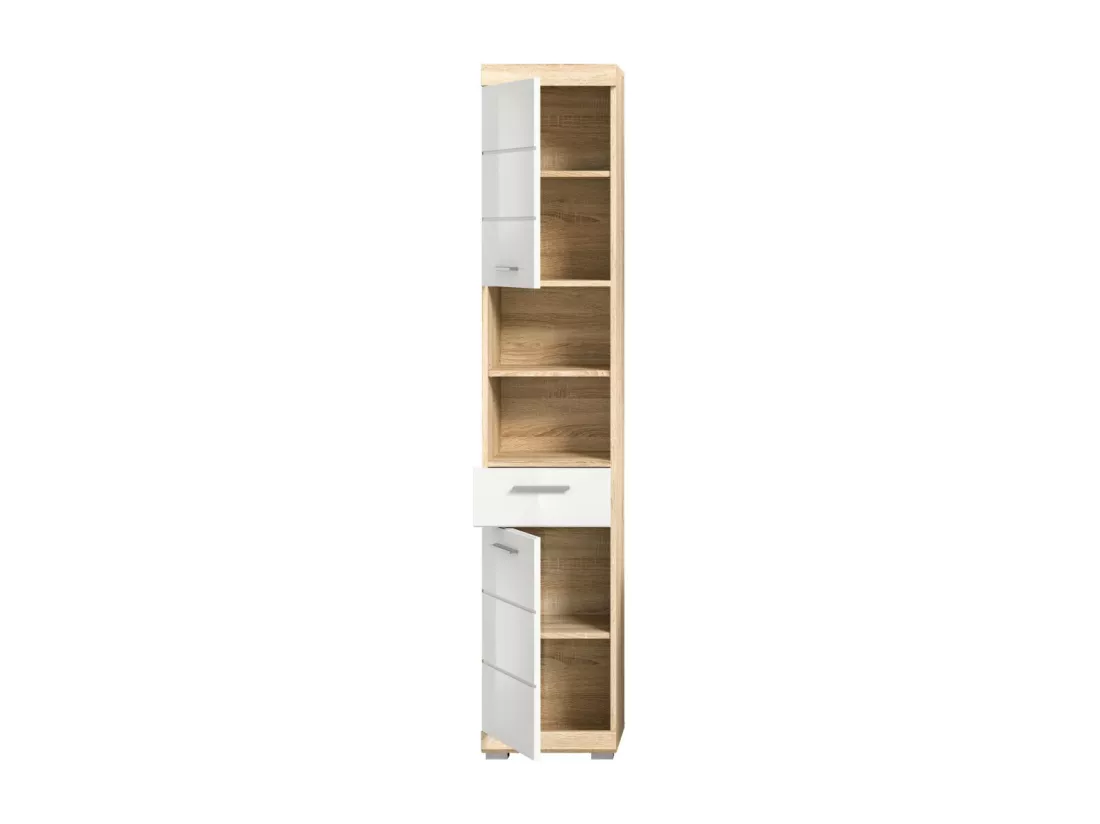 Colonne de salle de bain RIDLEY – 2 portes, 1 tiroir et 2 niches visibles – Blanc et chêne clair