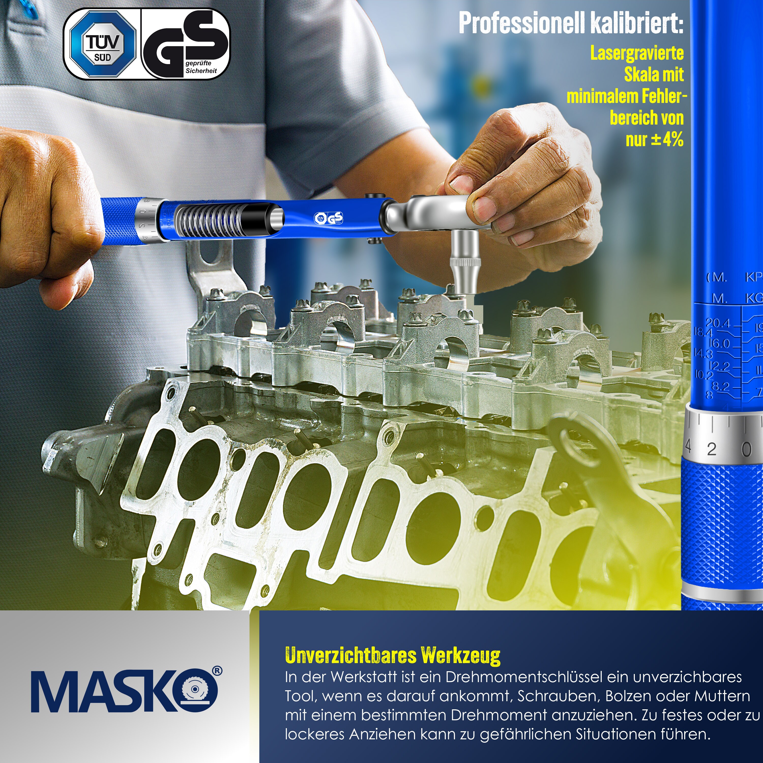 MASKO® Drehmomentschlüssel 6tlg. Set 40-210Nm 1/2 ' CV inkl. 3 Stecknüssen 17mm, 19mm, 21mmund Verlängerung 125mminkl. Koffer +/- 4% ToleranzReifenschlüssel Auto Drehmoment-Schlüssel