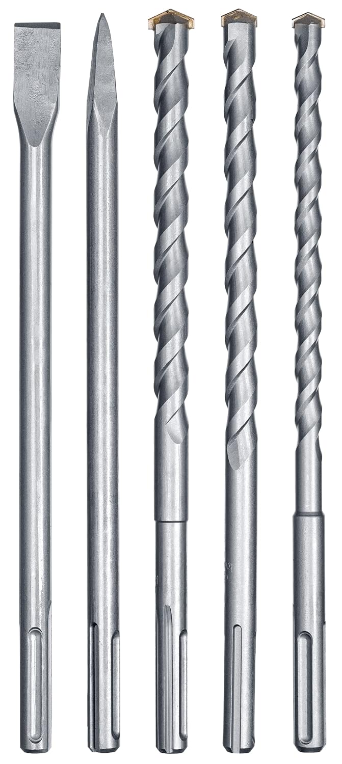 kwb SDS-Max Hammerbohrer und Meißel-Set für Bohrhammer, 5-teiliger Stein- u. Beton-Meissel/Bohrer Satz im Kunstoff-Koffer